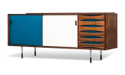 Sideboard with blue and white cabinet doors. For enthusiasts of mid-century modernism, sideboards and credenzas are popular case pieces 