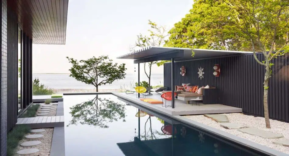 Jonathan Adler's mod pool patio on Shelter Island, New York