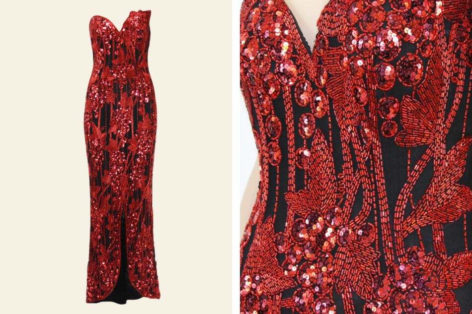 Red-sequined vintage Bob Mackie red gown circa 1989
