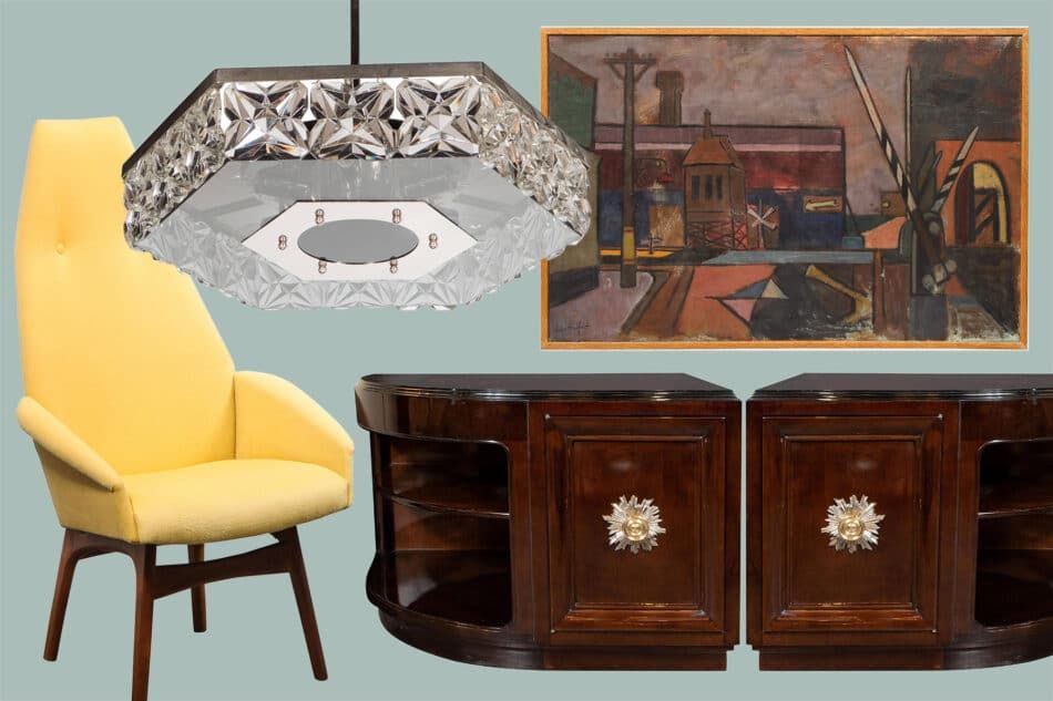 A yellow chair, a crystal chandelier, a painting of a railroad crossing and a pair of end tables offered by High Style Deco on 1stDibs Auctions