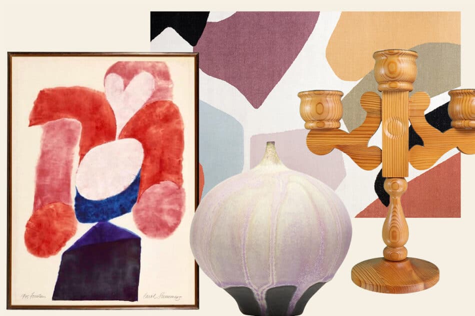 Woodcut print, kilim rug, porcelain vase and wooden candelabra offered on 1stDibs Auctions