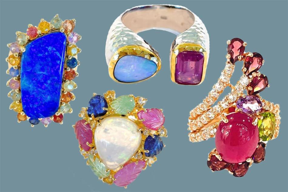 Original Bochic designs, clockwise from left: Capri blue opal and multicolor sapphire cocktail ring in 22k gold; Capri blue opal and red ruby cocktail ring in 18k gold and silver;  Capri ruby and multicolor gem cocktail ring in 22k gold and silver; Capri opal and multicolor sapphire cocktail ring in 18K gold and silver