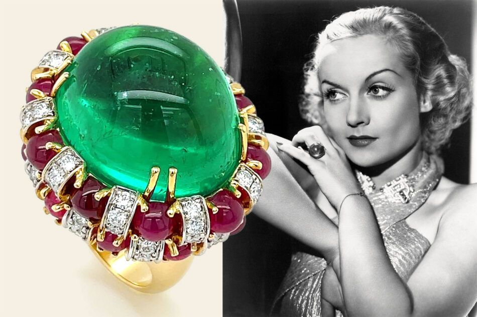 A Valentin Magro cabochon emerald and ruby ring overlapping a black-and-white photo of Carole Lombard wearing a star sapphire ring