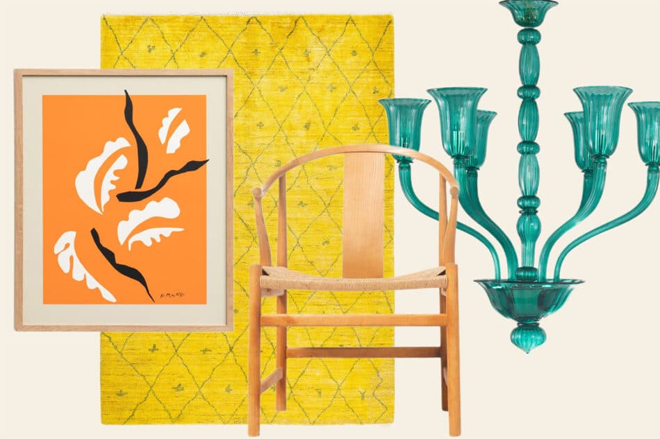 A framed artwork with an orange background, a yellow rug, an oak chair and a green Murano glass chandelier from the 1stDibs Design Lover's Sale 