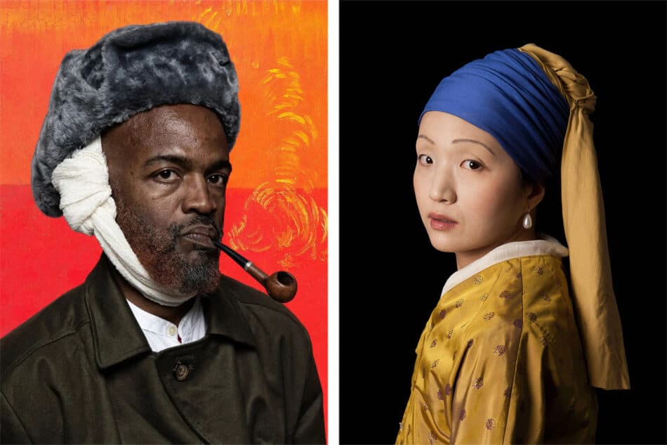 Ode to Van Gogh's Self-Portrait with Bandaged Ear and Pipe, 2023, and Ode to Vermeer's Girl with a Pearl Earring, 2012, by E2 - Kleinveld & Julien