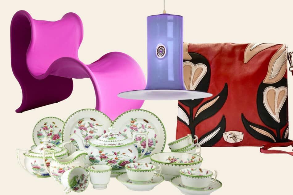 A hot-pink chair, a purple glass pendant lamp, a red leather handbag and a tea set with pink and orange flowers and green trim on a white background from 1stDibs' May 2023 No-Reserve Auction