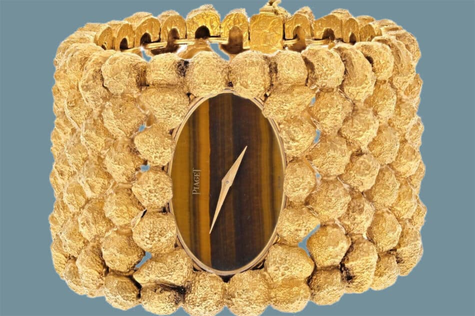 Piaget 18-karat yellow gold nugget oval tiger eye dial watch, 1970s