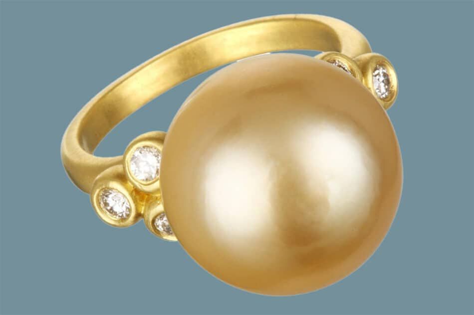 Faye Kim golden South Sea pearl ring in 18-karat gold with diamond accents, 2020