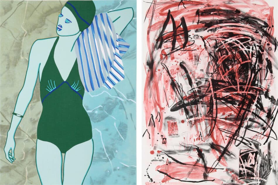 Left: Bathing in Green, 1978, by Pop artist Kiki Kogelnik. Right: Mountain, 1987, by neo-Expressionist Louisa Chase