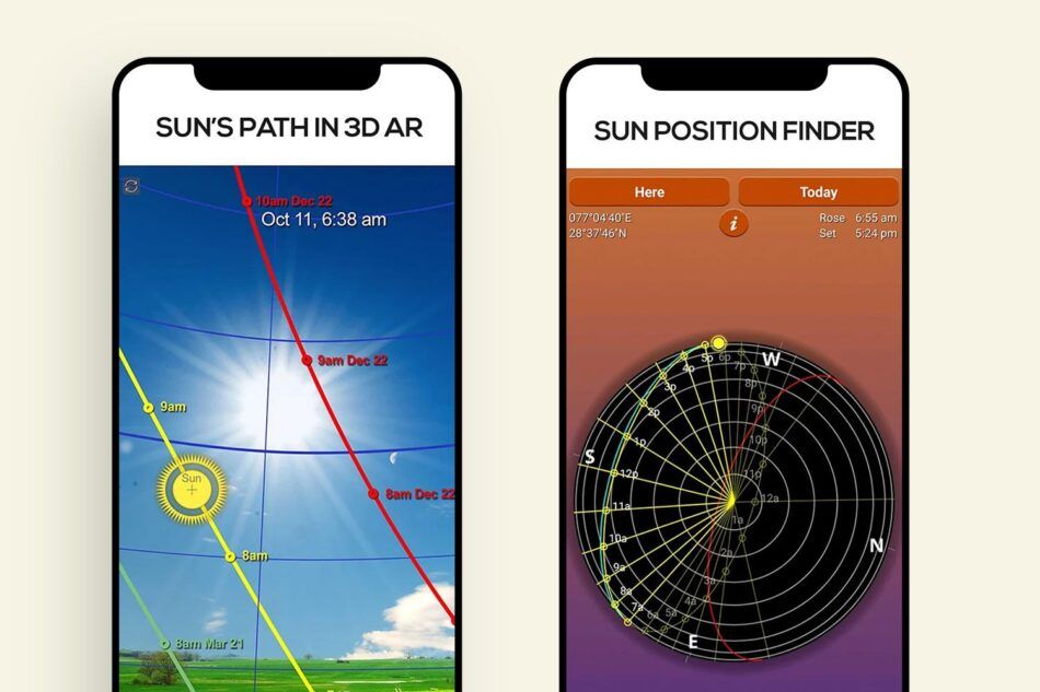 Two phones showing the suns path and a sun position finder