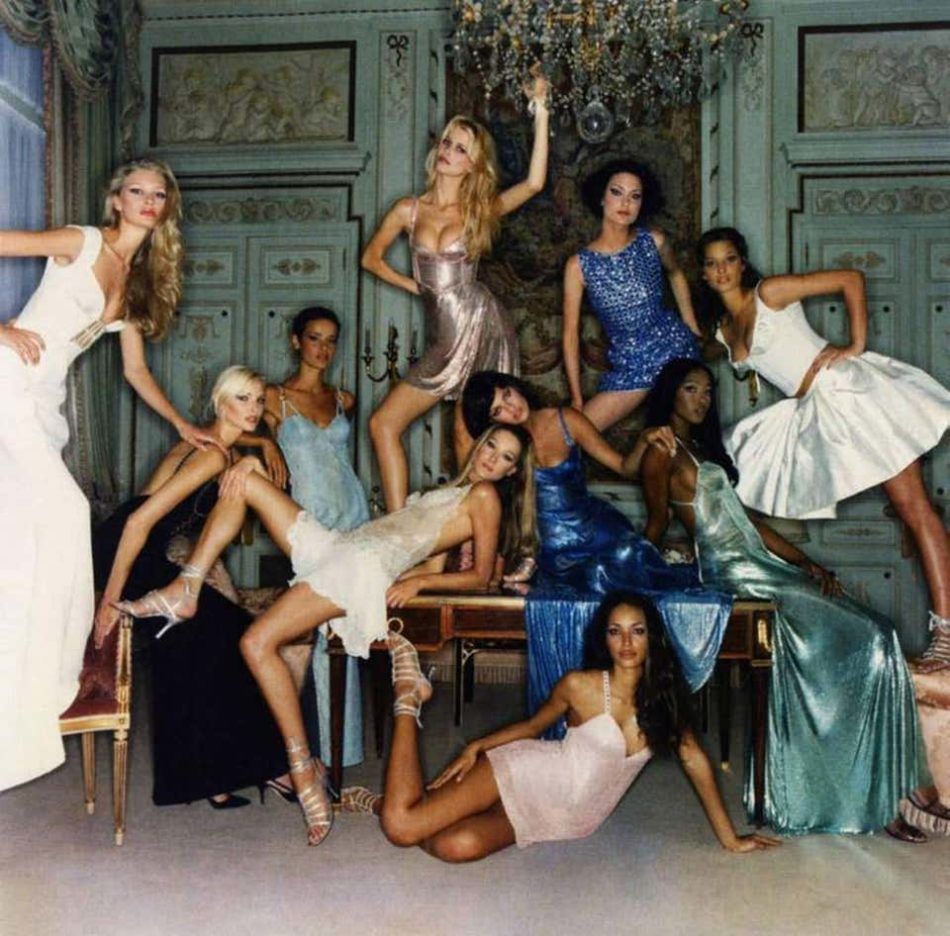 Supermodels -portrait of the famous '90' models dressed in Versace, 1990s, by Michel Comte