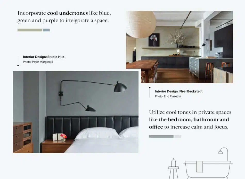 Room interiors designed by Studio Hus and Neal Beckstedt demonstrating the effect of cool color undertones