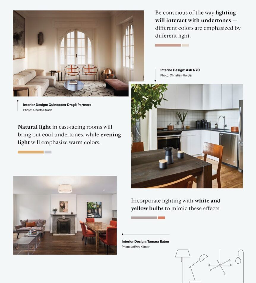Three room interiors designed by Ash NYC, Quincoces-Dragò Partners and Tamara Eaton showing different examples of lighting interacting with undertones