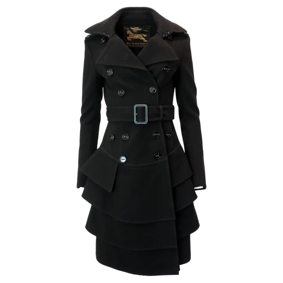 Burberry women's black double breasted belted tiered trench coat, 2000s