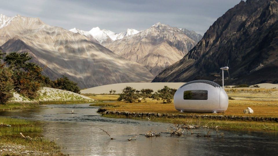 Ecocapsule pod in a remote landscape