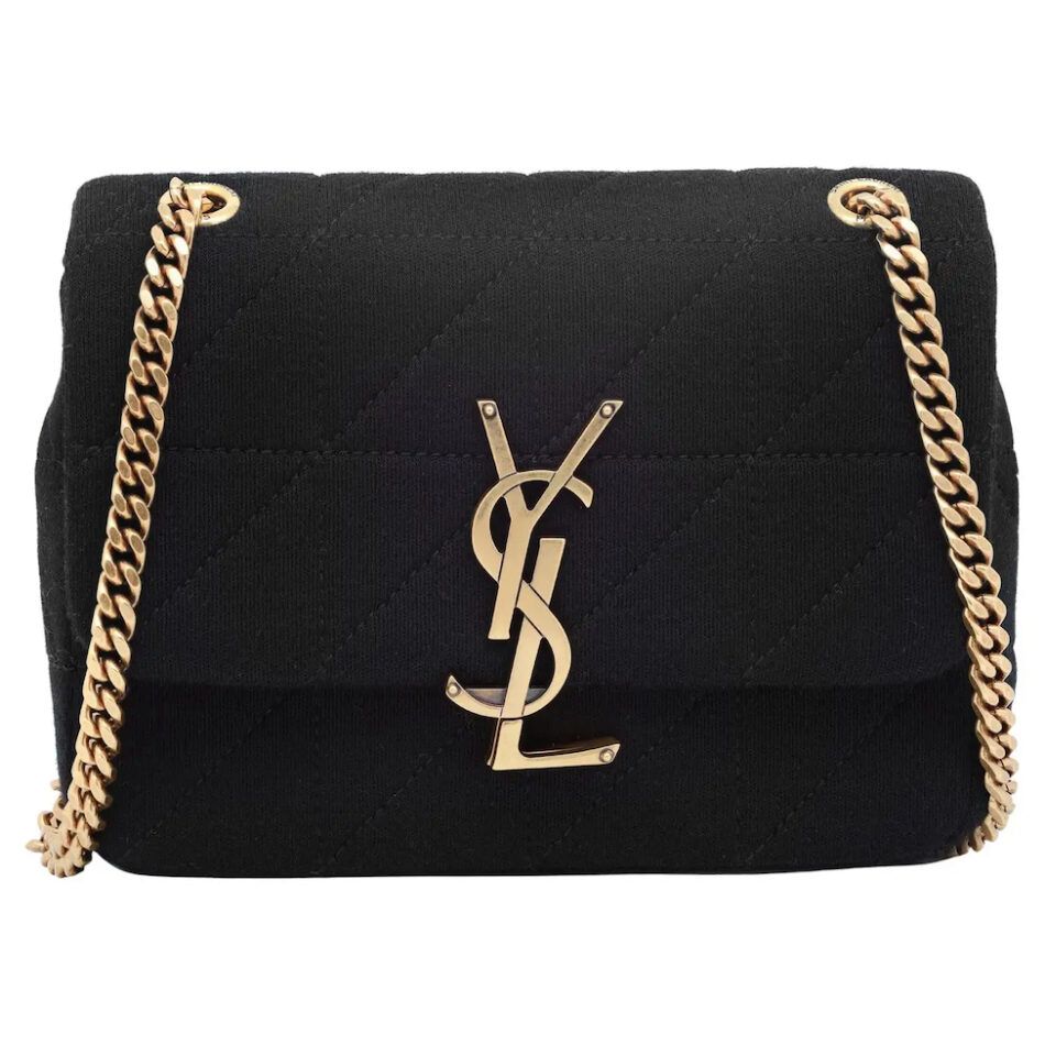 A YSL Jamie crossbody bag in black wool with quilted stitching, a gold monogram in the center and a gold chain strap.